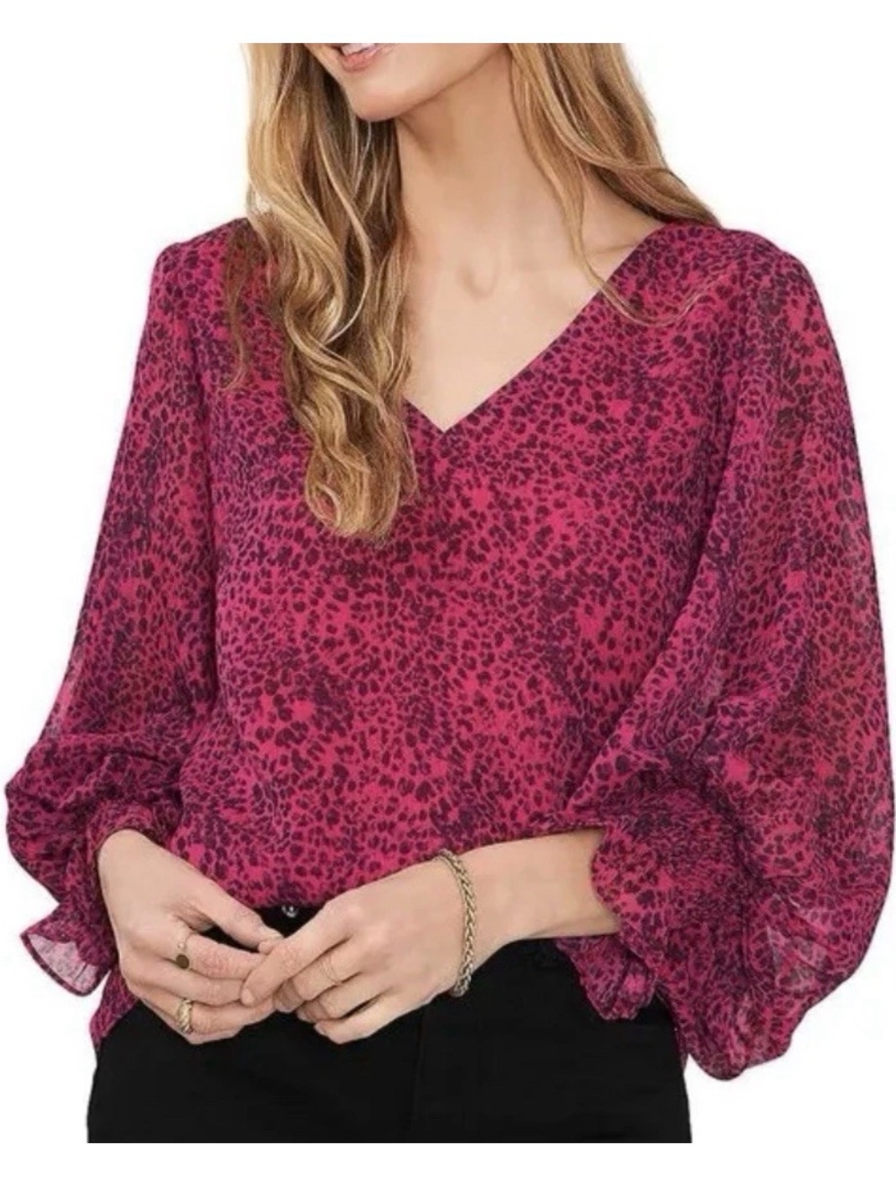 Vince Camuto Raspberry Leopard-Print V-Neck Blouse